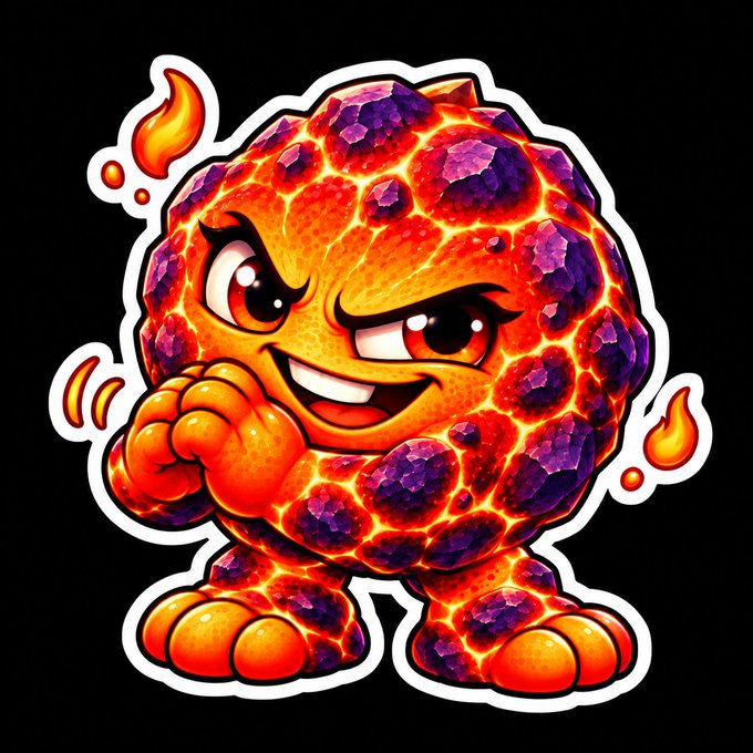 A cartoon-style sticker of an orange and purple rock monster with a mischievous grin and flames around its body.