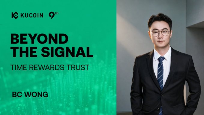 A promotional graphic for KuCoin's 9th Anniversary "Beyond the Signal" campaign features CEO BC Wong alongside the tagline "Time Rewards Trust." The professional portrait complements the CEO Letter, emphasizing his message about prioritizing long-term trust and consistency over short-term gains.