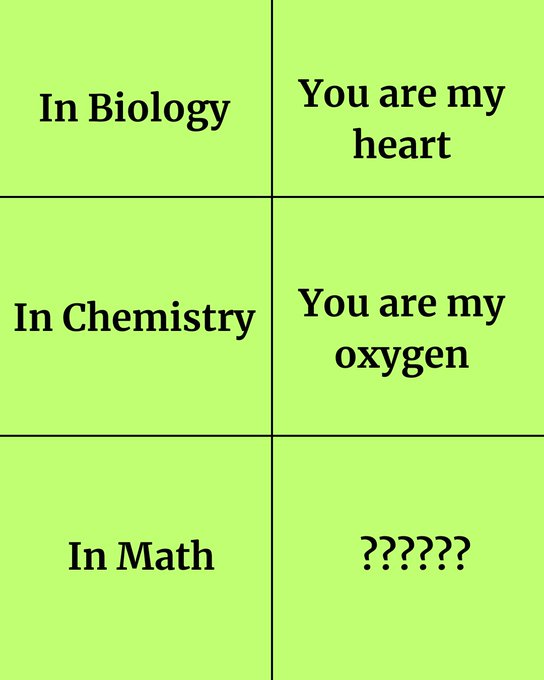 A green text table reads: 'In Biology: You are my heart, In Chemistry: You are my oxygen, In Math: ?????', presenting a popular meme format.