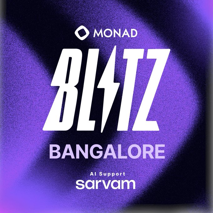 The image features a purple background with white text that reads "Monad Blitz Bangalore v4 is getting an AI boost We’re excited to have @SarvamAI join us to support participating builders with access, guidance, and a session from their team". The text is in all capital letters.