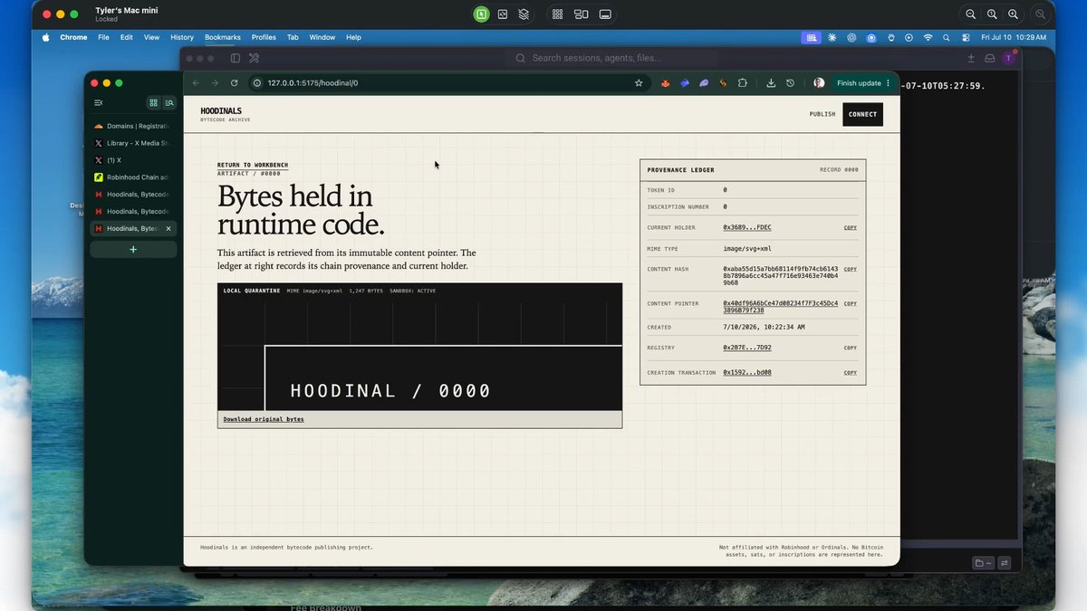 A screenshot of a Mac desktop showing a Hoodinals web application displaying artifact #0000 with the text 'Bytes held in runtime code' and a provenance ledger containing blockchain data.