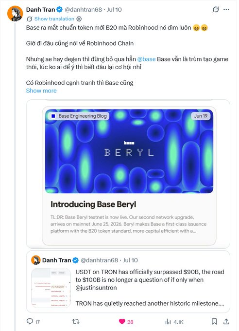 A tweet from Danh Tran (@danhtran68) from July 10 announcing "Base Beryl," Base's second network upgrade featuring the new B20 token standard, with an embedded preview of the "Introducing Base Beryl" Base Engineering Blog post, alongside a secondary quote tweet noting that USDT on TRON has officially surpassed $90B.