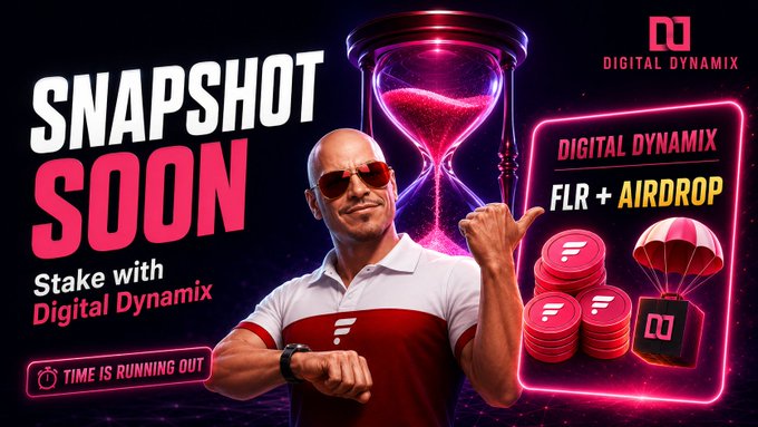 A promotional banner for 'DIGITAL DYNAMIX' announces a 'SNAPSHOT SOON' event with 'FLR + AIRDROP' staking, featuring a muscular man in sunglasses giving a thumbs-up beside stacks of coins and an airdrop box.