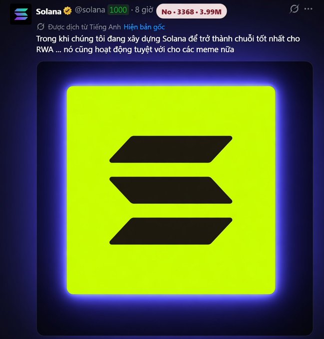 The image is a post from Solana's official X account (@solana) featuring their signature neon green and black Solana logo with a glowing purple outline. The Vietnamese text translates to "While we are building Solana to become the best chain for RWA... it also works great for memes," highlighting Solana's playful promotion of meme coin activity alongside their serious RWA (Real World Assets) infrastructure goals.