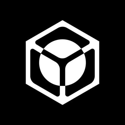 A white geometric logo on a black background, depicting a stylized hexagonal shape resembling a 3D cube with circular elements inside.