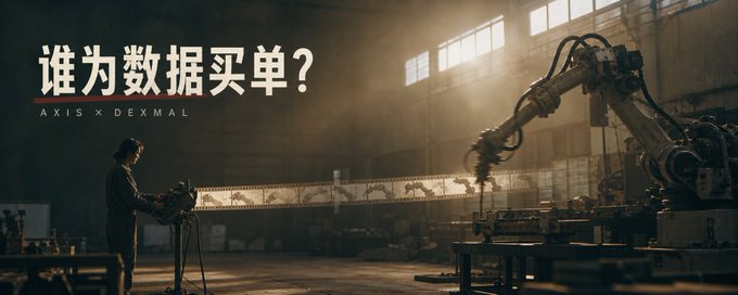 A dark industrial scene featuring a worker and a large robotic arm, with Chinese text '谁为数据买单?' (Who pays for the data?) and 'AXIS X DEXMAL' overlaid on the image.