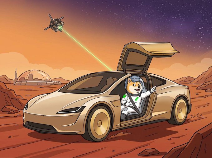 An illustration of an astronaut Shiba Inu dog wearing a spacesuit sitting in a futuristic white car on a Mars-like landscape, pointing upward at a satellite firing a green laser beam, with a dome habitat in the background.