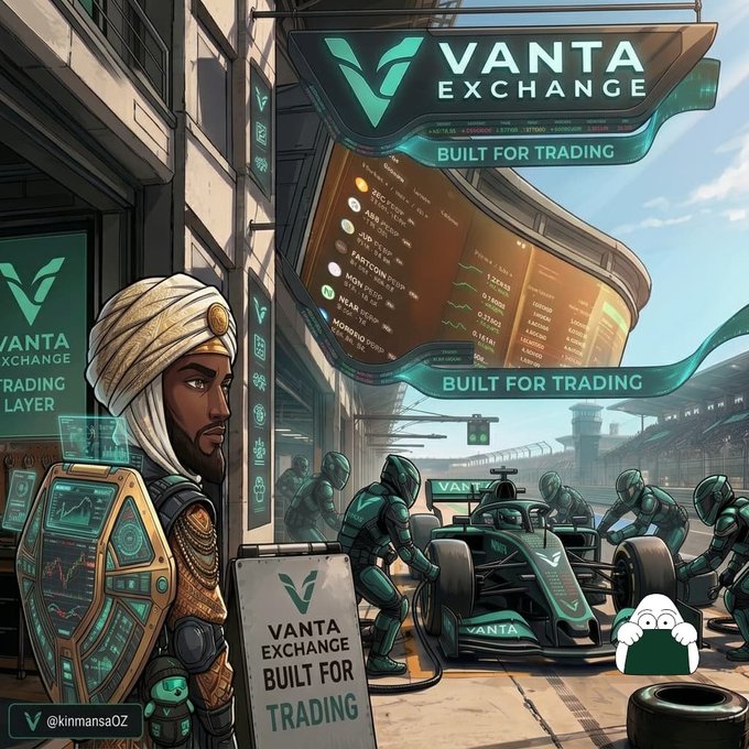 A promotional artwork for 'VANTA EXCHANGE - BUILT FOR TRADING' featuring a man in a turban and futuristic suit holding a holographic tablet, standing near a racing pit crew and F1 car.