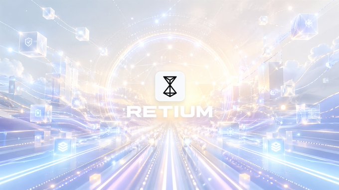 A futuristic digital graphic with the 'RETIUM' logo at the center, surrounded by floating icons, clouds, and glowing data streams in a blue-toned technological landscape.