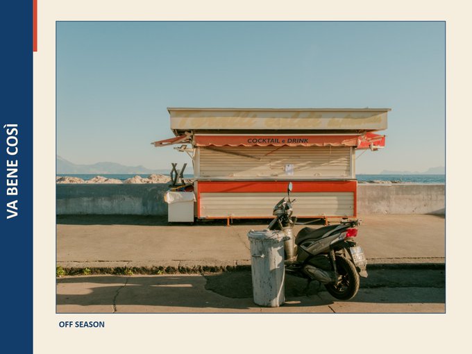 A magazine spread featuring a photograph titled 'OFF SEASON' showing a closed 'COCKTAIL & DRINK' kiosk by the sea with a scooter parked in front, credited to 'VA BENE COSÌ'.
