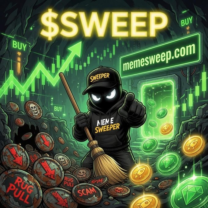A meme-style graphic featuring a shadowy 'Meme Sweeper' character holding a broom, standing in a cave of coins labeled 'RUG PULL' and 'SCAM,' with neon green text reading '$SWEEP' and 'memesweep.com' alongside a rising chart and 'BUY' signs.