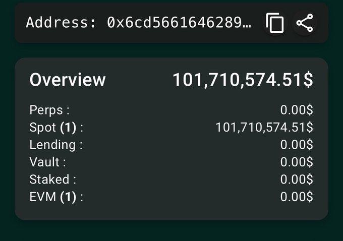 A Hypurrscan portfolio overview for wallet address 0x6cd5661646289... shows total holdings of $101,710,574.51, with the entire balance held in a single Spot position and zero balances across Perps, Lending, Vault, Staked, and EVM categories, illustrating the Hyperliquid-based pre-launch deposits referenced in the post.