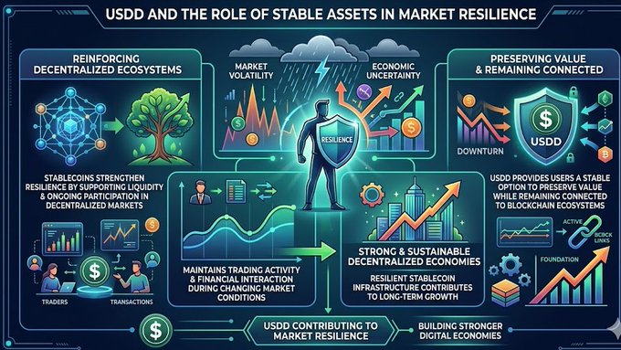 The image shows a graphic representation of the USDD and its role as stable assets in market resilience, along with information about cryptocurrency trading. The infographic uses vibrant colors and illustrations depicting various aspects such as the stability of crypto markets and how they can contribute to financial resilience. At the bottom, there is text that connects this visual concept to what is happening on the post.
