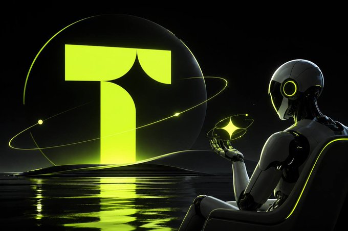 A sleek humanoid robot sits on a futuristic chair by a dark, reflective shore, holding a glowing star-shaped object while gazing at a luminous green "T" logo encircled by orbital rings on the horizon—evoking the AI-driven, agentic vision promoted in the @tirea_ai post. The image's futuristic tone and glowing "T" symbol align with the post's call to explore Tirea AI's early-stage Agent Fuel Network built on Robinhood.