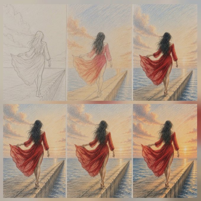 A six-panel progression showing the artistic creation of a drawing, from a pencil sketch to a fully colored artwork of a woman in a flowing red dress walking along a pier at sunset.