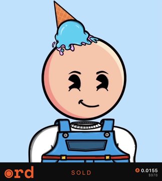 Cartoon character with a party hat featuring blue ice cream on its head, wearing overalls, displayed as an NFT with 'rd' branding, 'SOLD' label, and price of 0.0155 ETH.