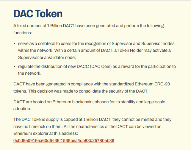 The image displays information about the DAC Token, stating that 1 Billion DACT have been generated as fixed ERC-20 tokens on Ethereum to serve as collateral for activating Supervisor and Validator nodes and to regulate DACC reward distribution. The image supports the accompanying post by emphasizing DACT's capped supply, lack of minting capability, and its functional role within the DAC ecosystem.