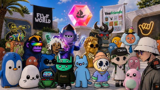 A vibrant gathering of diverse NFT characters stands together in front of a glowing pink cube, with banners displaying "FLUF WORLD," "VeeFriends," and "MILADY" branding. The image showcases a collaboration between FLUF World and PROOF_PIXELS, promoting a free mint giveaway for 15 winners on Ethereum.
