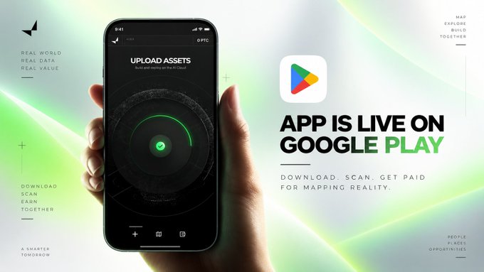 A promotional banner showing a smartphone with an 'UPLOAD ASSETS' screen and the text 'App is Live on Google Play,' with slogans 'Real World Real Data Real Value' and 'Download Scan Earn Together.'
