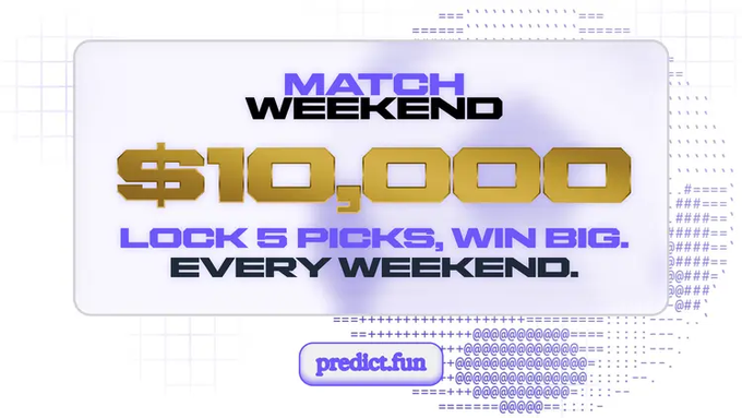 A promotional graphic for 'MATCH WEEKEND' advertising a $10,000 prize for locking 5 picks every weekend on predict.fun.