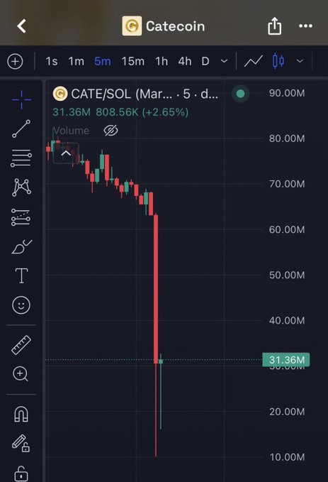 A candlestick chart for Catecoin (CATE/SOL) on a 5-minute timeframe shows a dramatic price collapse from around 70.00M to roughly 10.00M in a single red candle, visually confirming the post's warning about how quickly a memecoin's gains can be wiped out. The current price is marked at 31.36M, sitting well below the recent high, illustrating the severity of the drop.
