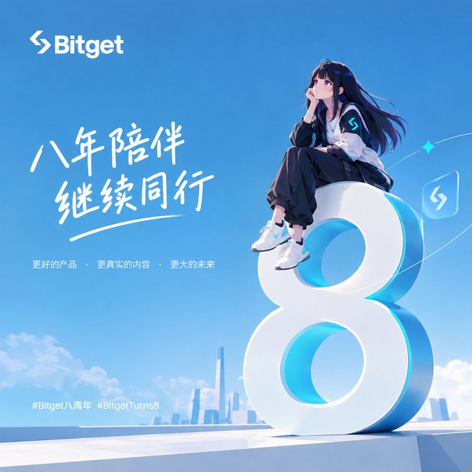 The image features an anime-style character sitting atop a large 3D "8" against a blue sky and cityscape backdrop, celebrating Bitget's 8th anniversary. It displays the "Bitget" logo, Chinese text "八年陪伴 继续同行" (Eight years of companionship, continuing together), and hashtags "#Bitget八周年 #BitgetTurns8," visually reinforcing the post's reflection on Bitget's 8-year milestone and the user's three-year journey as a BGB holder and advocate.