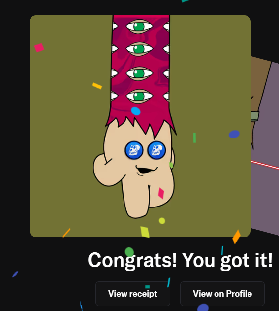 The image features a cartoon character with a pink head wearing a green eye mask, standing against a black background. The character appears to be holding a sign that says "Congratulations! You got it!". The text in the image also mentions a profile on social media, which could possibly be related to the post featuring the cartoon character.