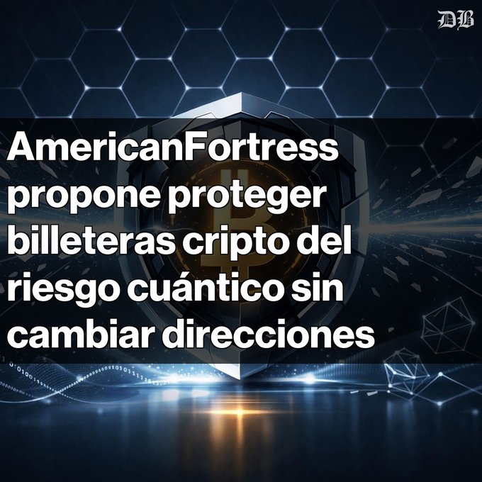 A news graphic from the 'MH' logo with Spanish text: 'AmericanFortress propone proteger billeteras cripto del riesgo cuántico sin cambiar direcciones', overlaid on a Bitcoin shield and hexagonal background.