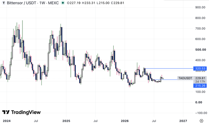 A TradingView candlestick chart showing Bittensor / USDT (TAOUSDT) weekly price action on MEXC, with the current price at 229.81 and key levels marked at 320.53 and 215.26.