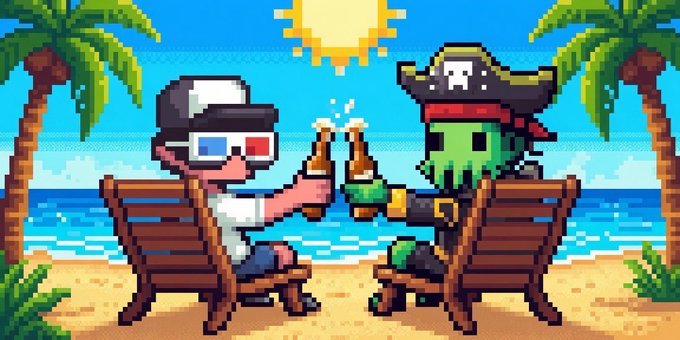 A pixel art illustration showing a sailor in 3D glasses and a green octopus-headed pirate clinking beer bottles on a tropical beach with palm trees and a bright sun.