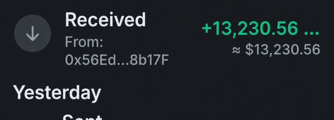 Cryptocurrency transaction notification showing a received payment of +13,230.56 (approximately $13,230.56) from wallet address 0x56Ed...8b17F.