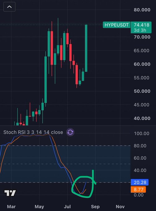A candlestick chart for HYPEUSDT shows the token trading at 74.418 after a sharp rally and subsequent pullback, while the Stochastic RSI (3,3,14,14) indicator below has plunged to deeply oversold levels of 20.28 and 8.77 near the dashed lower boundary (highlighted with a green circle). This deeply oversold momentum reading visually supports the post's bullish thesis that HYPE could 5x from current levels.