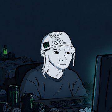 A drawing depicts a tired-looking person wearing a 'BORN 2 DEVIL' beanie, staring at a computer monitor in a dark room littered with cans and bottles.
