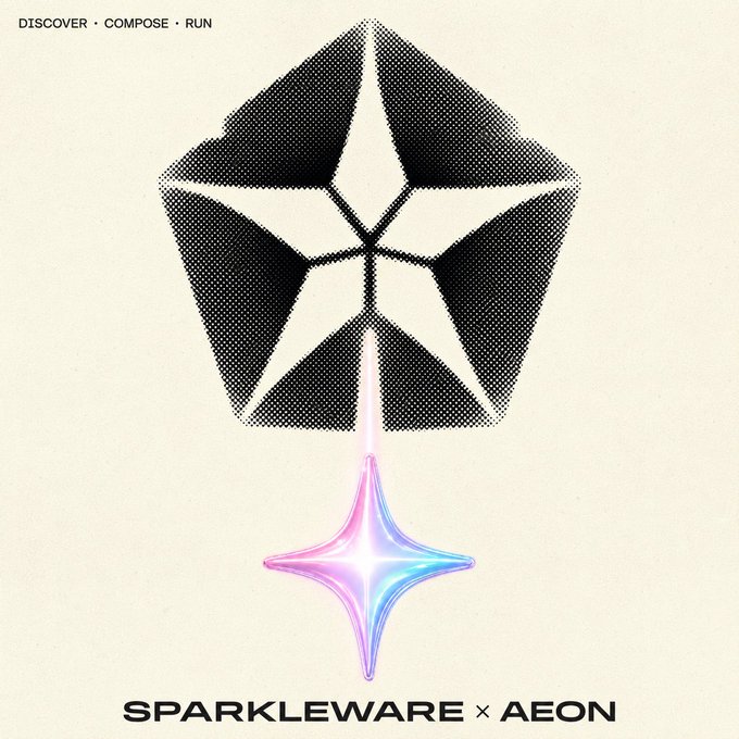 A graphic design featuring a black and white halftone umbrella or star shape with a colorful iridescent star sparkle below it, labeled 'SPARKLEWARE × AEON' with 'DISCOVER • COMPOSE • RUN' at the top.