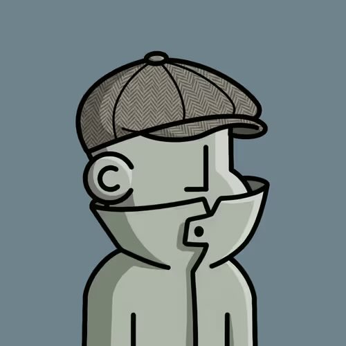 A stylized cartoon illustration of a figure wearing a herringbone flat cap and a high-collared jacket, set against a solid blue-grey background.