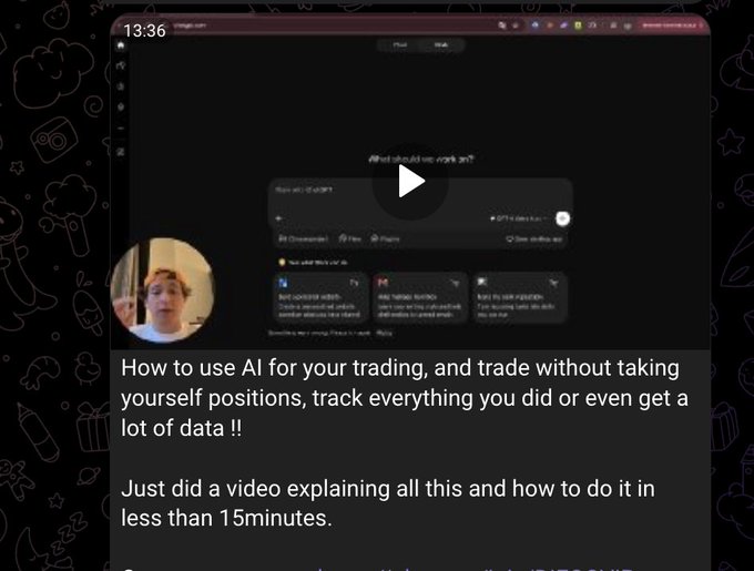 A screenshot of a video posted by a man on social media, showing an AI chat interface with the prompt "What should we work on?", alongside a caption explaining how to use AI for trading, automating positions, and tracking data, as referenced in the accompanying post directing viewers to a Telegram video tutorial under 15 minutes.