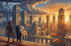 Fantasy illustration branded with 'Nomisna' showing two characters overlooking a sunlit, elaborate cityscape with towers and architecture.