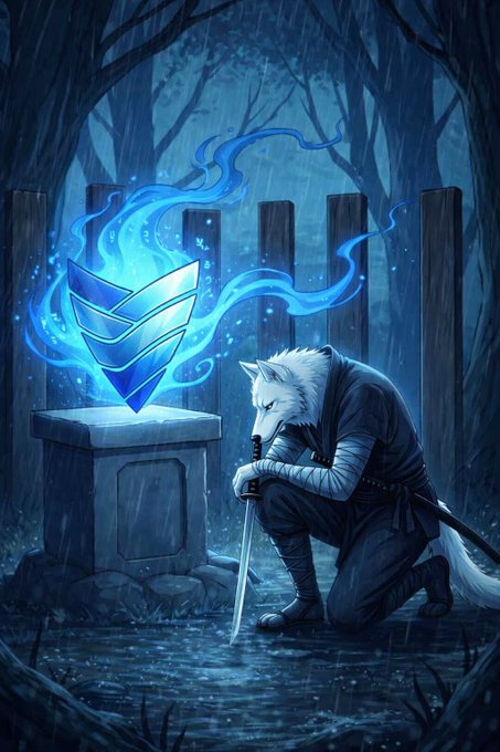 The image features a white wolf sitting on its knees, holding a sword in front of a blue crystal or gemstone that glows with an ethereal light. The background consists of trees and bushes, creating a sense of depth and mystery. The caption above the image reads "In a world full of noise, true power lies in silence. Like a shadow in the night, @VeilCurrency protects what matters most-your financial privacy. No traces. No compromises. Just pure security." This suggests that the wolf's actions are symbolic of the importance of privacy and security in today's digital age.