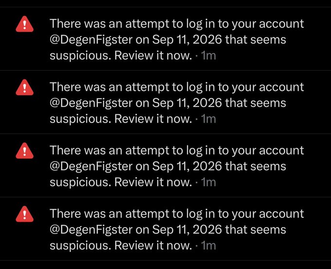 A series of four identical security alerts stating 'There was an attempt to log in to your account @DegenFigster on Sep 11, 2026 that seems suspicious. Review it now.'