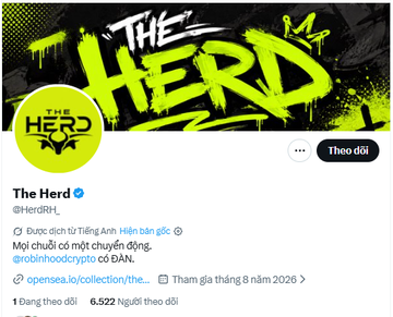 The image shows a Twitter profile page for "The Herd" (@HerdRH_) with a vibrant neon green and black graffiti-style banner featuring a rhino logo. The post caption discusses the account's viral marketing success and tags the brand "RH" while referencing NFT promotion and a blockchain transaction link.