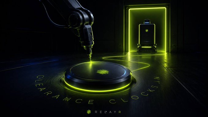 A futuristic scene showing a robotic arm on the left and a pod-like device on the right, illuminated by neon green lights, with the text 'CLEARANCE CLOCKS' and the 'RECAYR' logo visible.