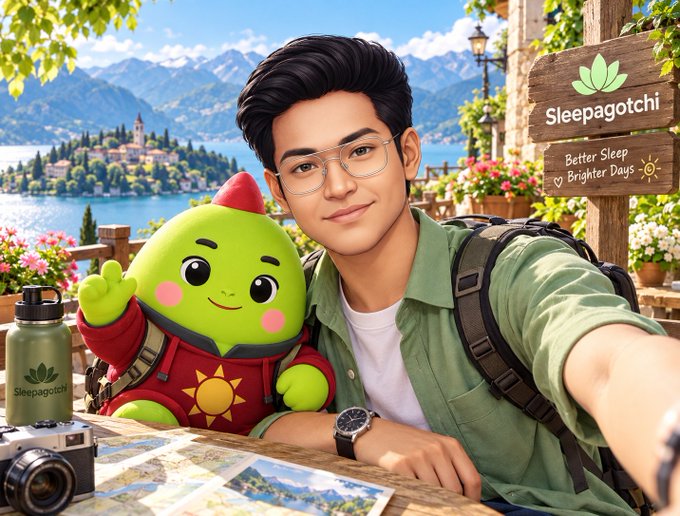An illustrated image of a young man wearing glasses and a green shirt taking a selfie alongside a green mascot character in red armor, with a 'Sleepagotchi Better Sleep Brighter Days' wooden sign in the background and a branded water bottle on the table.