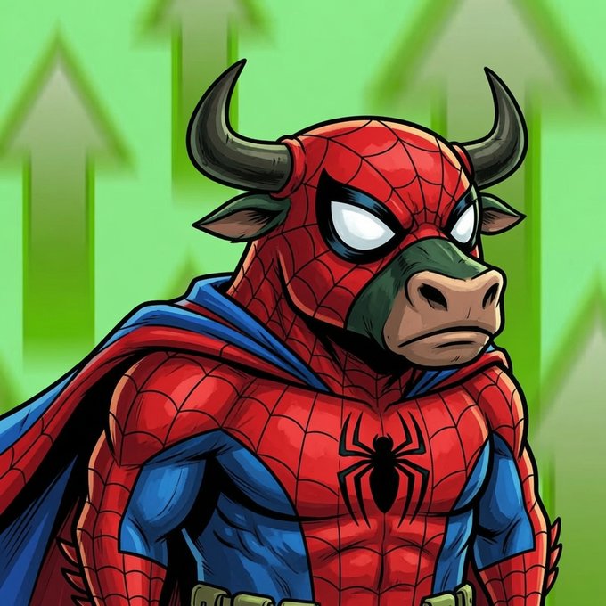 A cartoon illustration of a Spider-Man character with a bull's head (horns and snout), wearing a red cape, set against a green background with upward-pointing arrows resembling a stock chart.