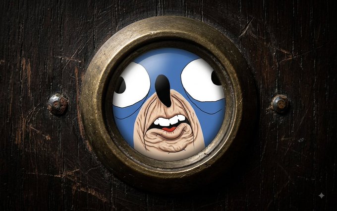 A peephole view shows a worried-looking cartoon face with wide eyes looking through the brass-rimmed circular viewer in a dark wooden door.