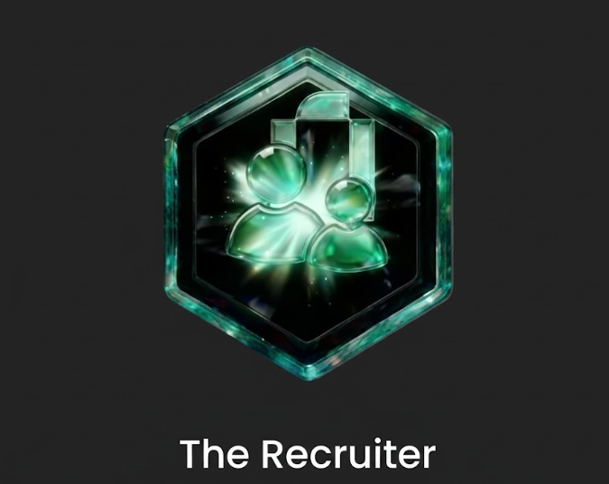 A hexagonal teal/green gem-like icon featuring a stylized people symbol with a document, labeled 'The Recruiter' against a dark background.