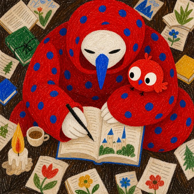 A whimsical textured painting depicts a red hooded figure with a long blue tongue, accompanied by a small red bird, writing in a book surrounded by scattered pages, books, a candle, and a coffee cup.