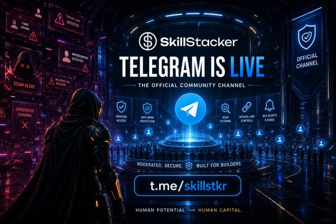 A promotional graphic for the SkillStacker Telegram channel displays 'TELEGRAM IS LIVE' and 't.me/skillstkr', advertising an official community channel with features like verified access and anti-spam protection.