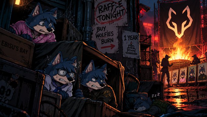 A stylized illustration depicts anthropomorphic wolf police officers hiding behind wooden crates in a dark, cyberpunk-style alley, with signs reading "RAFFLE TONIGHT," "BUY WOLFIES BURN," and "1 YEAR," alongside a large illuminated wolf head emblem.