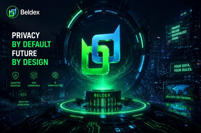 A futuristic green-themed promotional graphic for 'Beldex' featuring a glowing 3D logo with the tagline 'PRIVACY BY DEFAULT, FUTURE BY DESIGN' and features like 'QUANTUM RESISTANT' and 'EVM COMPATIBLE'.