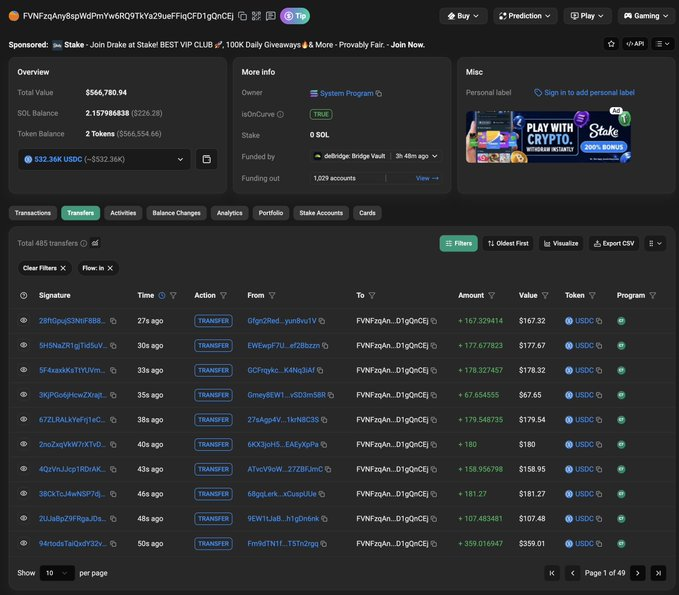 The image displays a blockchain analytics page for wallet "FYNFzqAny8spWdPmYw6RQTYkv29uerFIqCFD1gQnCEj," showing a total value of $566,780.94, a USDC balance of 2.157986838 ($226.28), and 2 tokens, alongside a transfer history of 485 transactions. This relates to the post about @avici being hacked, as the page appears to track suspicious or rapid fund movements from a compromised account.